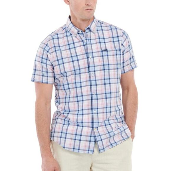 Barbour Furniss Tailored Shirt Pink Plaid Button Down Short Sleeve Sz L Men - Picture 1 of 12